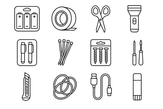 Icon roll utility flashlight screw drawer charging rubber pack pen vector cable