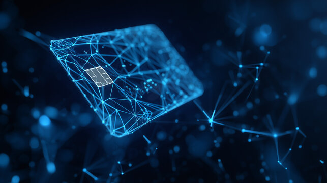 futuristic digital credit card made of glowing blue wireframe, blockchain payment concept, abstract fintech technology, dark background with network connections, cyber security and digital finance ill