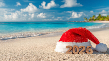 A red hat with the number 2016 on it is on the beach