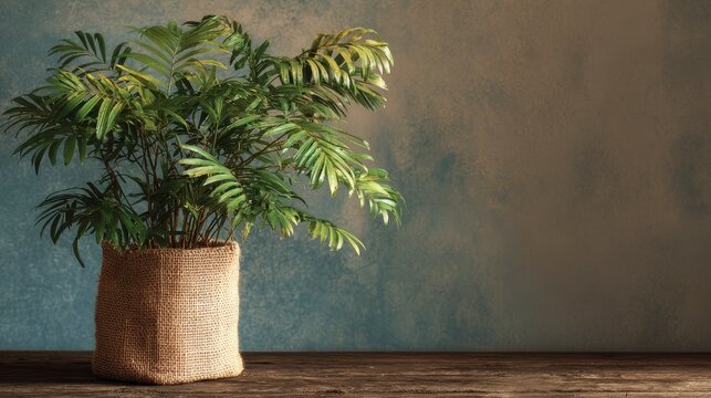 A vibrant green houseplant in a rustic burlap planter sits on a weathered wooden surface against a teal-toned wall