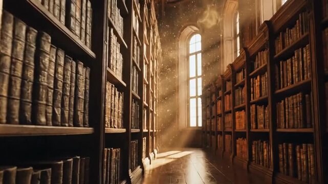 Dusty library with old books and a stunning sunbeam