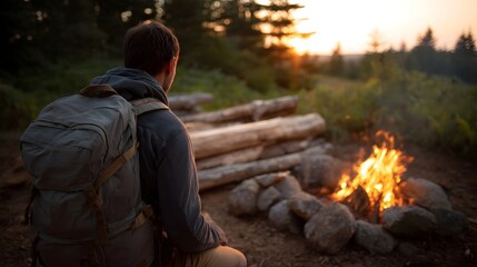 A solitary hiker watches a crackling campfire at sunset in a serene forest landscape