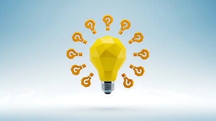 Creative idea generation symbolized by a bright yellow light bulb surrounded by question marks and ideas representing innovation and problem solving strategies.