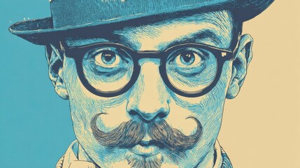 Close-up illustration of a man with spectacles, a handlebar moustache, and a hat, presented in a retro-style color scheme with a contrasting background