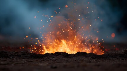Intense fiery eruption with glowing sparks and dark smoke rising from the ground