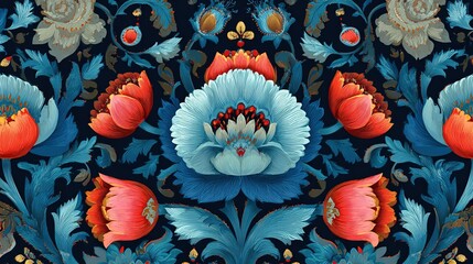 Seamless Floral Pattern with Orange Flowers on Blue Background &ndash; Decorative Botanical Design