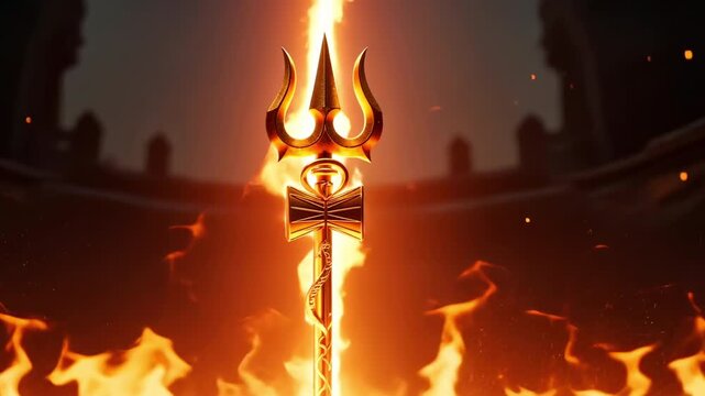 Golden Shiva trident or trishula glowing with divine light and swirling fire flames with sparks