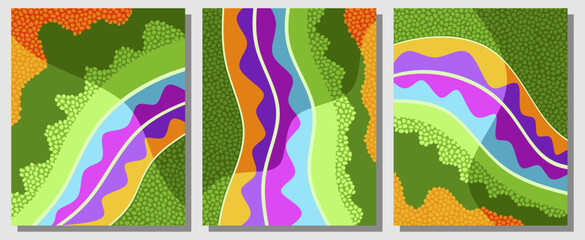 Abstract landscape with colorful leaf shapes. Vector illustration. Abstract nature background for prints, decorations, covers, and posters.