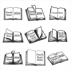 Clean line open book Fresh Start 2026 black vector