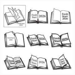 Intricate Black White Open Book Fresh Start 2026 Vector