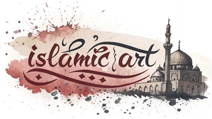 Elegant Islamic art typography featuring a watercolor mosque, festive decorations, spiritual ambiance, cultural motifs, and sophisticated design, AI Generated