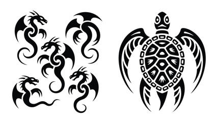Stylized black silhouette dragons with a majestic tribal sea turtle on a white background