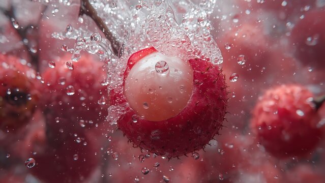 A close-up of a red lychee fruit being splashed with water, highlighting its vibrant color and texture.