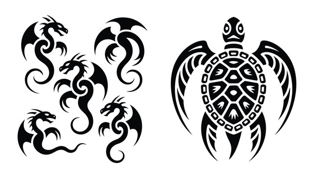 Stylized black silhouette dragons with a majestic tribal sea turtle on a white background