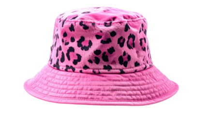 A vibrant pink bucket hat with black leopard spots, against a white back