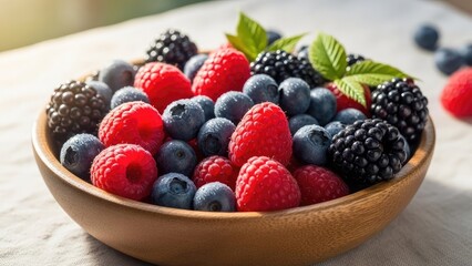 Fresh Assorted Berries in a Rustic Wooden Bowl on a Light Fabric