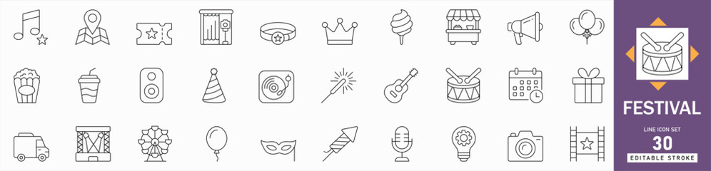 Festival line icon set party fireworks, carnival decoration, music event, and culture parade. Editable vector