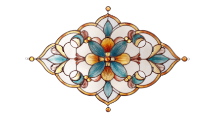 Decorative floral stained glass pattern with art nouveau style ornament featuring symmetric design on transparent background