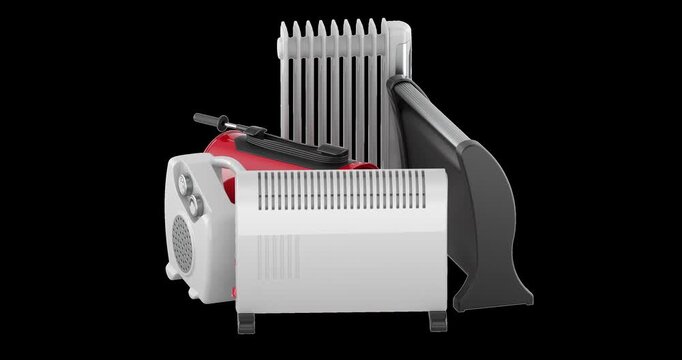 Different electric heaters including fan heater, infrared heater, oil radiator, convector and heat gun rotation animation seamlessly loopable. 3D rendering isolated on transparent background