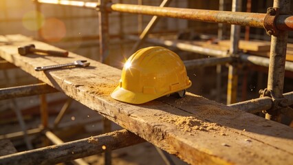 Yellow safety helmet symbolizes protection on unfinished building site