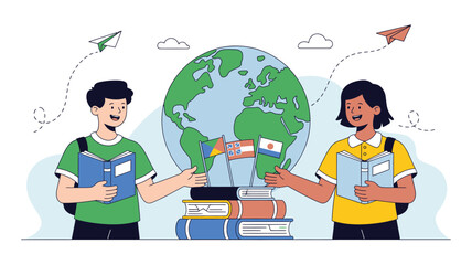 Two smiling students stand with books and a globe, representing global education and diverse learning