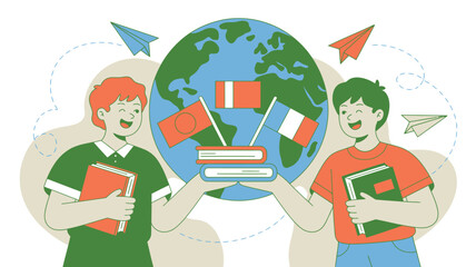 Two students holding books stand happily with a globe surrounded by international flags and paper airplanes