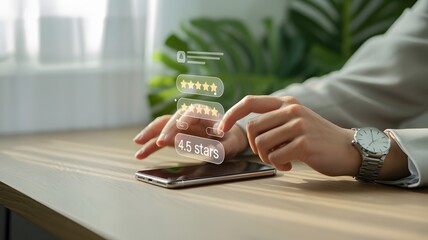 A person interacts with a touchscreen device on a wooden table near a window with natural light and a green plant in the background