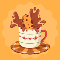 A cookie drops into a festive cup of hot chocolate creating a joyful splash perfect for Christmas and holiday themes for warm beverage lovers. Cartoon vector style.