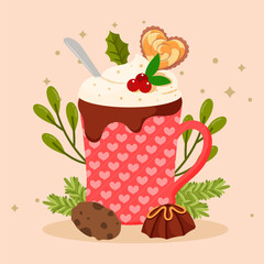 A festive cup of hot chocolate topped with cream cookies and berries creates a cozy Christmas mood perfect for holiday drink themes. Cartoon vector style.
