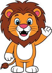 Fototapeta premium Cute friendly lion cartoon mascot illustration waving hello isolated on white background perfect for kids branding education vector design