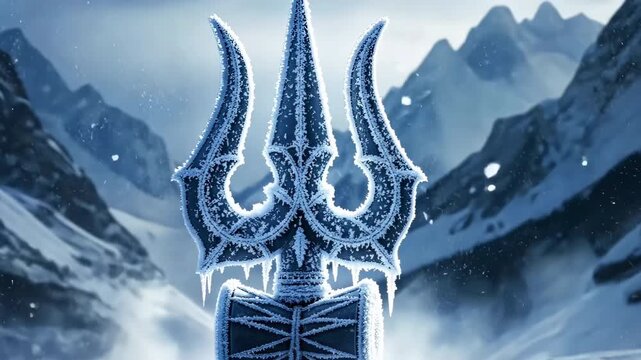 Shiva trident or trishula covered in ice and frost with snowy mountains and cold mist
