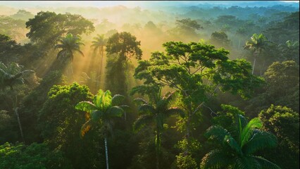 Lush Amazon jungle treetops bathed in soft sunlight create breathtaking aerial view of biodiversity paradise
