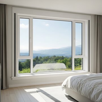 Spacious bedroom with large window overlooking green rolling hills.