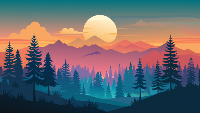 Forest silhouette vector landscape with gradient sunset sky, minimalist nature background