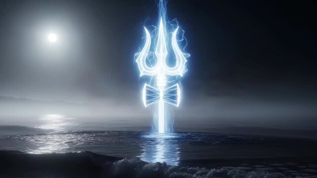 Glowing blue Shiva trident or trishula emerging from ocean water with splashes and moonlit waves at night