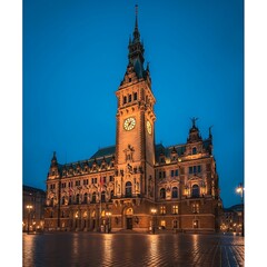 Obraz premium Grand building with illuminated clock tower against twilight sky.