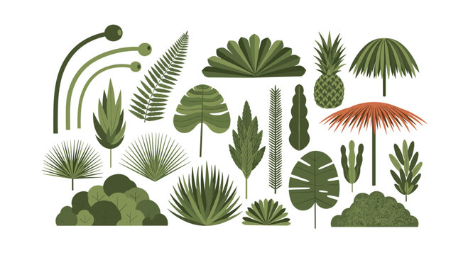 Large collection of stylized green tropical jungle leaves, plants, and a pineapple for creating lush botanical compositions and backgrounds.