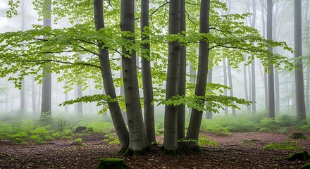 Tall trees with green leaves emerge from forest mist.