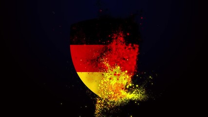 Animated Germany Flag with a shield shape formed by flowing particles, symbolizing global digital connectivity and data networks. - Powered by Adobe