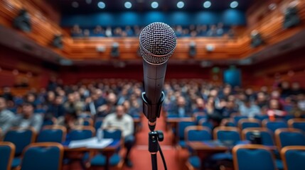 Upright Microphone Positioned in Public Area with Blurred Audience at Important Conference Event