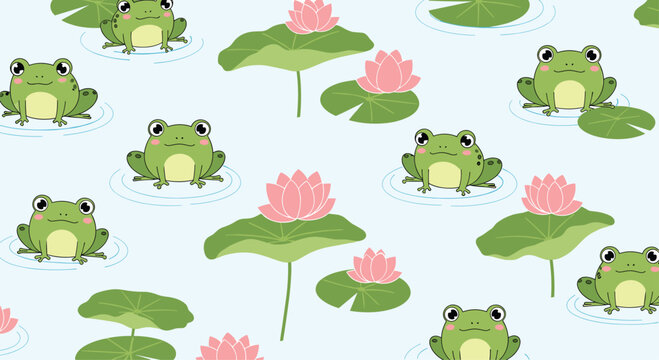 Seamless pattern of adorable cartoon frogs sitting on lily pads with pink lotus flowers, a cute background for children's decor.