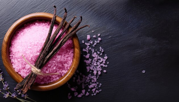 pink bath salt lavender and vanilla beans on a dark stone surface are featured this image can be used for beauty relaxation or self care themed content