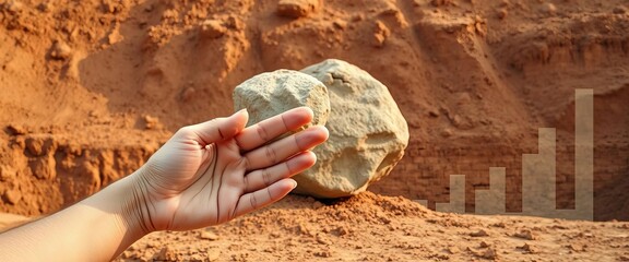 A palm displays a large boulder against a dusty excavation backdrop, with digital growth lines charting financial ascent,  mine,  stone