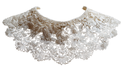Vintage lace collar showcasing intricate floral crochet detail, delicate handcrafted textile accessory for fashion and antique clothing, transparent background