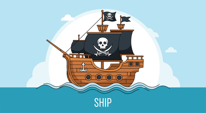 Cartoon vector illustration of a wooden pirate ship with black sails and a Jolly Roger flag sailing on the blue sea with clouds.