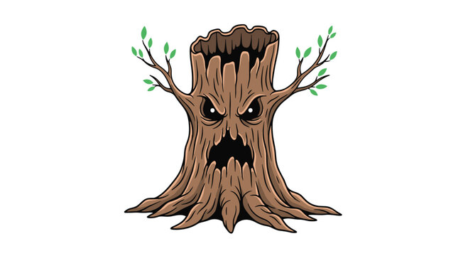 Spooky cartoon illustration of an old, haunted tree stump character with an angry face and glowing eyes, perfect for Halloween designs.