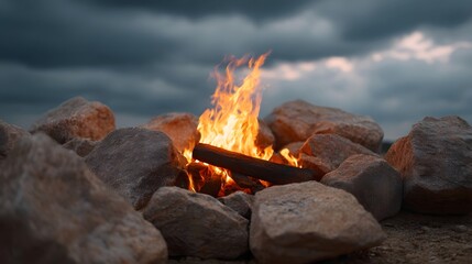 A dramatic bonfire burns brightly surrounded by large rocks under a cloudy dusky sky