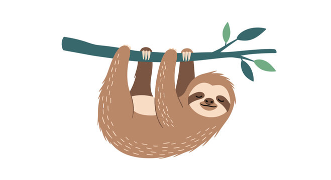 Adorable cartoon sloth hanging from a tree branch with a sweet, sleepy expression, illustrated in a charming flat vector style.