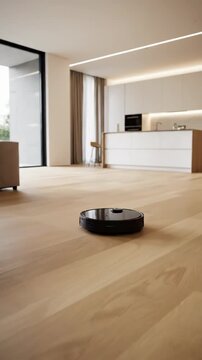 Modern home interior showcasing a robotic vacuum cleaner on the floor.