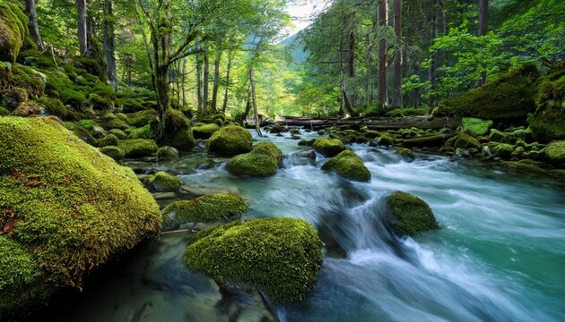river flowing through dense forest with crystal clear water and moss covered rocks ecological conservation and natural landscape concept